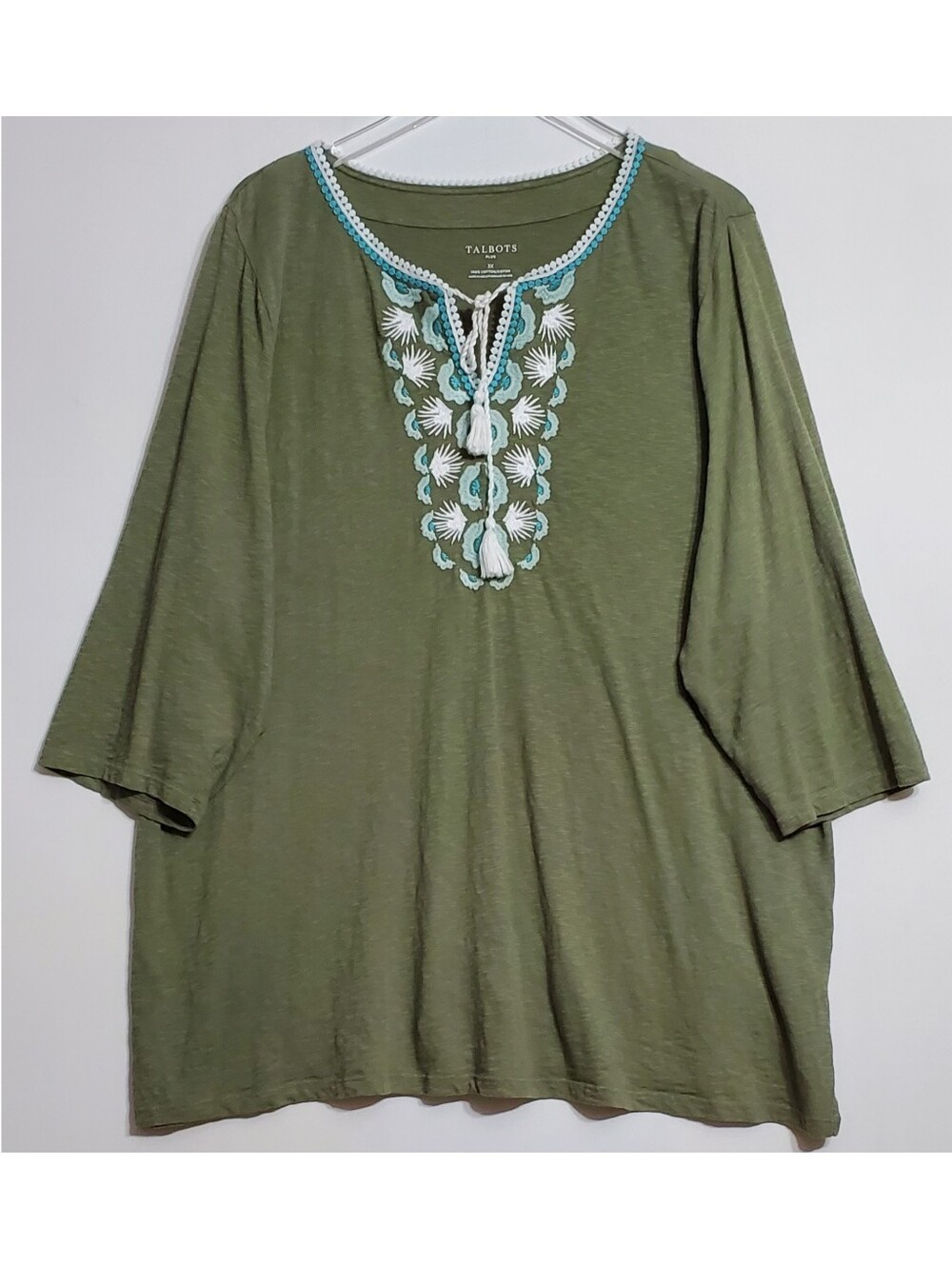 Talbots 3X embroidered tunic top green 3/4 sleeves pullover lightweight bohemian